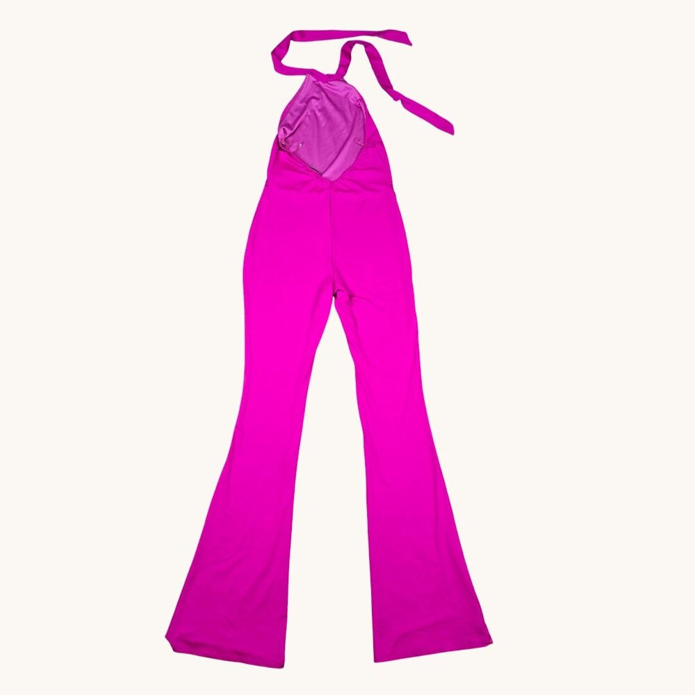 Fashion Nova Pink Halter Jumpsuit Flared Leg Medium - Picture 7 of 9